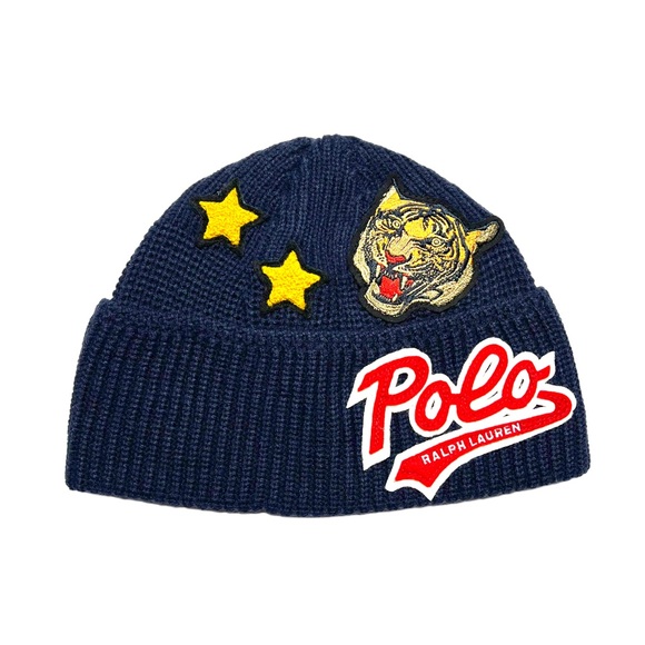 POLO RALPH LAUREN Tiger Varsity Patch Beanie Hat Blue - Picture 13 of 13
